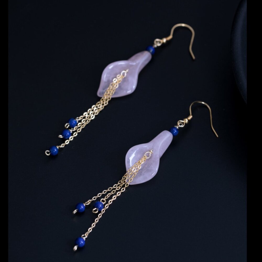 Natural Pink Quartz Dangle Earrings Natural Gemstone Flower Earrings For Her - Picture 2 of 8